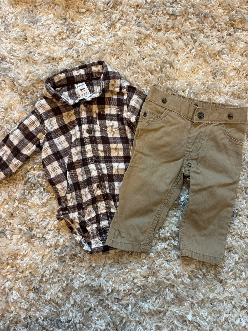 Carter's Brown and Cream Plaid Bodysuit with Tan Pants - Kids Matching Set